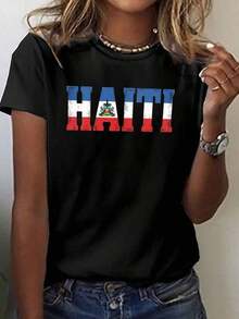 Conjunto Retro de Pascua para Mujer, Camiseta con Mapa de Haití, 100% Algodón, Estilo Casual, Cuello Redondo, Transpirable, Cómodo, para Fiesta. - Negro - Ver 12