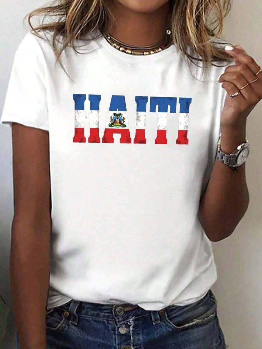 Conjunto Retro de Pascua para Mujer, Camiseta con Mapa de Haití, 100% Algodón, Estilo Casual, Cuello Redondo, Transpirable, Cómodo, para Fiesta. - Blanco - Ver 1