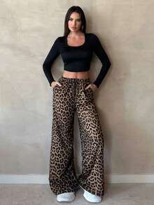 Tall Pantalones rectos y anchos de estilo casual con estampado de leopardo - Multicolor - Ver 4