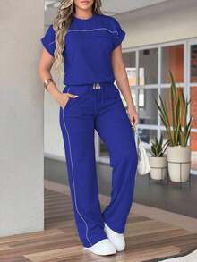Conjunto de 2 piezas de mujer con top de cuello redondo de unicolor minimalista de manga corta y pantalones rectos de cintura alta, elegante para primavera/verano - Cailán 43 - Ver 1