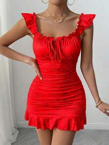 Vestido con estampado floral, volantes y bajo sexy para mujer - Rojo - Ver 4