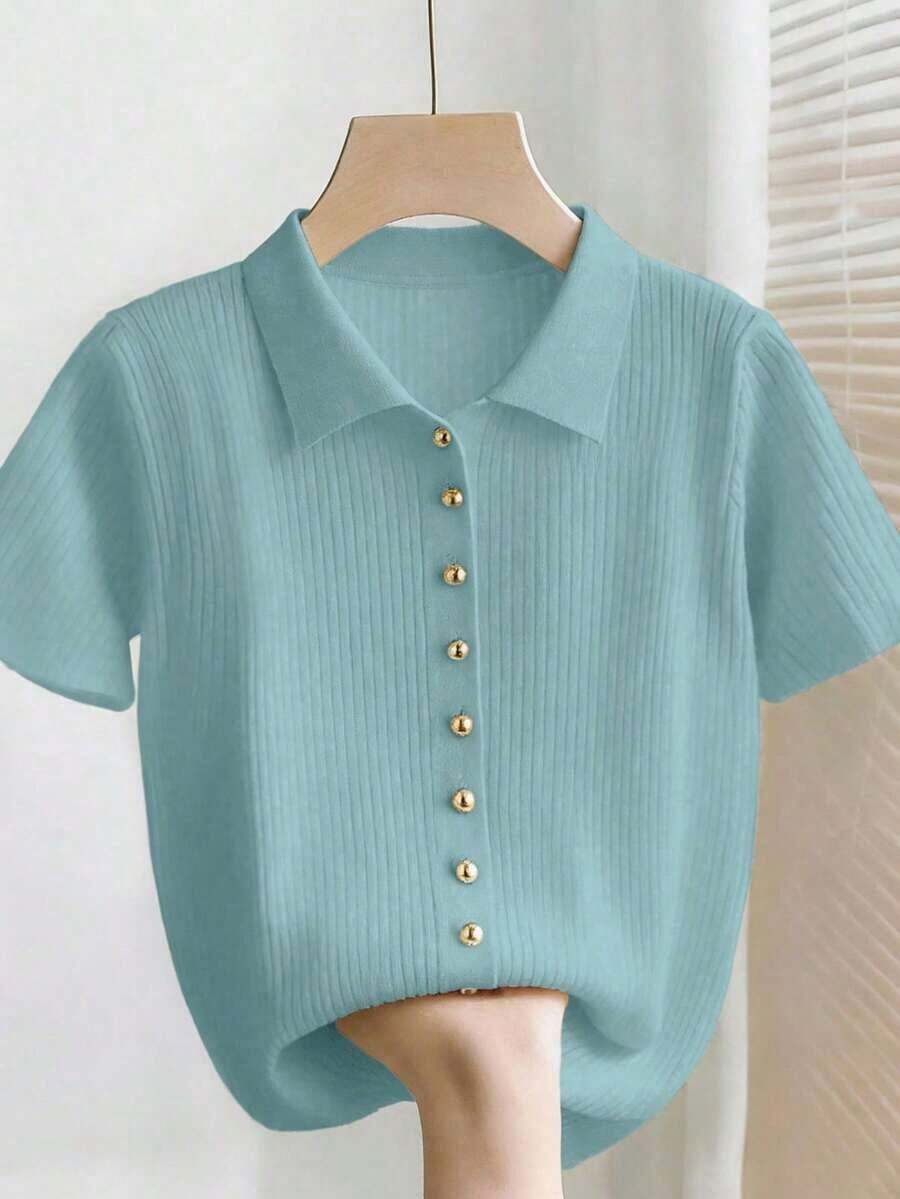 Nueva Camisa Polo Casual de Verano, Holgada, Versátil, Minimalista, Elegante y Suave, Adecuada para Oficina, Trabajo, Viajes Diarios, Diseño con Botones Metálicos, Corte Ajustado, Discreta, Unisex, Cárdigan Extremadamente Sencillo para Mujer - Azul menta - Ver 1