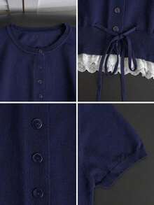 Cárdigan de punto gris de manga corta para mujer, de corte slim, con estilo universitario de verano, cuello redondo, parche de encaje y dobladillo con cordón - Azul marino - Ver 9