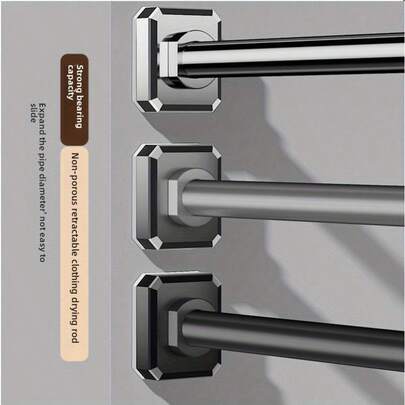 Adjustable Tension Rod - Made Of Stainless Steel With Plastic End Caps, Easy To Install Without Drilling, Suitable For Shower Curtains, Window Curtains, Door Curtains, Clothing Storage And Balcony Drying. Available In Silver, Black And White Colors.