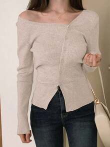 Blusa casual de mujer de punto acanalado con botones y manga corta - Albaricoque 2 - Ver 4