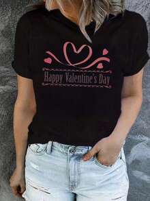 Women's Casual Short Sleeve Crew Neck T-Shirt, Creative Prints For Valentine's Day, Simple Design, Suitable For All Seasons, Comfortable And Versatile, Couple Style, Graphic T-Shirt. - 黑色 - 查看 7