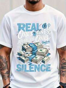 Regalo [Camiseta Deportiva] Camiseta de Algodón Holgada para Hombre con Estampado "Real Ones Move In Ones Silence Money Stacks" y Diseño Tipográfico de Símbolos de Dólar, Azul, Ropa Informal, Cómoda, Transpirable, Camiseta Deportiva Casual, Navidad, Regalo, Todas las Tallas, Estilo Urbano, 1 Pieza, Camiseta Relajada de Talla Grande, Suave - Blanco - Ver 7