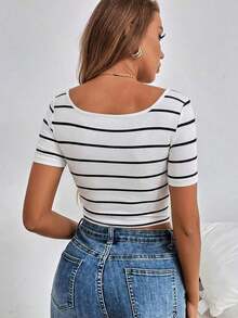 Camiseta corta de cuello redondo blanca con rayas de verano - Multicolor - Ver 2
