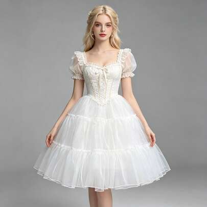 Váy lót trắng 70cm, 4 lớp voan pha lê + lớp lót, váy lót mềm mại không gọng dành cho múa ba lê Lolita mặc hàng ngày.