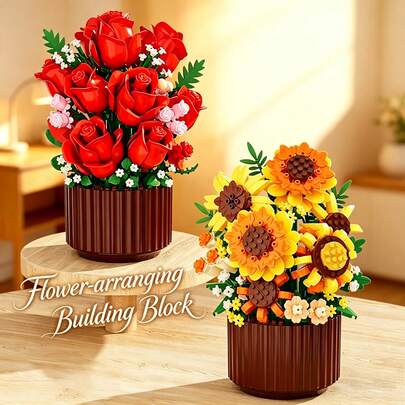 Buquê de flores com mais de 400 peças de girassóis e rosas, blocos de montar que não murcham, peças de flores DIY, decoração de alta qualidade para casa, ideal para enfeitar mesas, presente para namorada, Dia dos Namorados, aniversário.