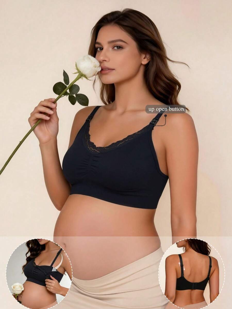 1件蕾絲拼接哺乳內衣，前扣式無鋼圈舒適哺乳內衣，適用於懷孕、產後、四季 - 黑色 - 查看 1