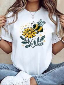Women's T-Shirt With Bee And Daisy Print, Top For Daily Wear And Outdoor Outings, Cool And Lively Short Sleeve Style, Casual Everyday T-Shirt - 白色 - 查看 7