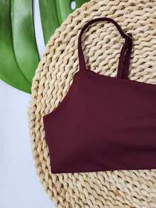 Simple Bikini Top With Thin Straps, Removable Padding, And Separate Adjuster, Polyamide - Burgundy - View 3