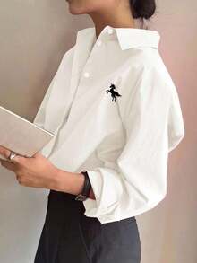 Camisa holgada de mujer de unicolor, de manga larga y de abotonadura sencilla - Blanco 2 - Ver 7