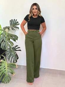 Serena Tailored Wide-Leg Trousers - Army Green - View 2