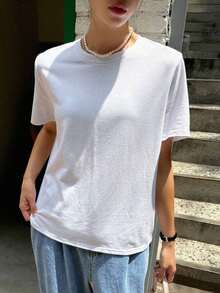 ropa de calor mujer Camiseta Sólida Con Cuello Redondo - Blanco - Ver 4