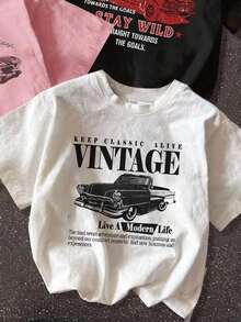 Women's Loose-Fitting Round Neck T-Shirt With A Casual Retro Car Design, Suitable For Summer. - 白色 - 查看 2