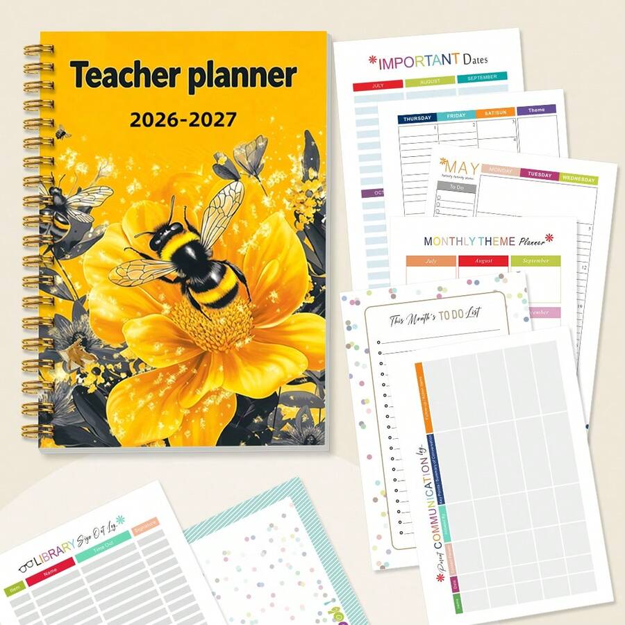 DANPERJI 1pc A5 Cute Bee 2026-2027 Teacher's Planner, Yellow Bee Pattern Design, Suitable For Teachers To Use As A Diary - Yellow Bee - View 1