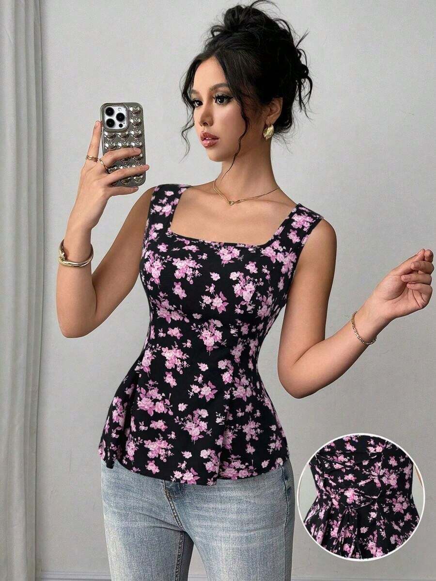 Camisa sin mangas para mujer con cuello mao y corbata plegable de tela estampada - Negro - Ver 1