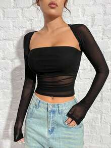 Playera De Malla Negra Y Ajustada Para Mujer - Negro - Ver 3