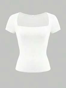 Camiseta de manga corta con cuello cuadrado de punto de unicolor, ajustada y sexy, estilo Y2K, para mujer Vaiaye, adecuada para actividades de primavera/verano y el Día de San Valentín - blanco grande - Ver 3