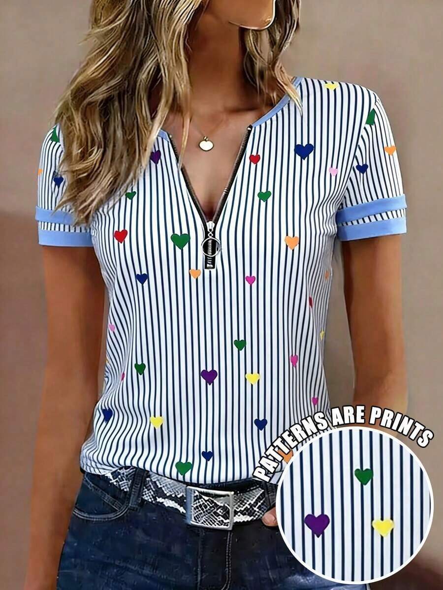 Selamara Camiseta de manga corta de efecto vaquero con cuello en V y diseño con cremallera, casual, para verano - Multicolor 2 - Ver 1