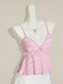 Blusa de tirantes de mujer con volantes de tela texturizada de unicolor para el verano y vacaciones - Rosa Pálido - Ver 8