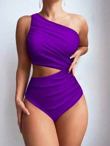 Swim 1 pieza Traje de baño de una pieza para mujer con diseño calado y fruncido en color liso - Morado - Ver 7