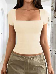 Camiseta de manga corta con cuello cuadrado de punto de unicolor, ajustada y sexy, estilo Y2K, para mujer Vaiaye, adecuada para actividades de primavera/verano y el Día de San Valentín - Albaricoque - Ver 9