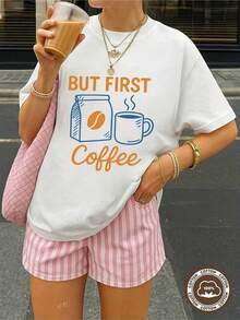 Talla grande - Talla grande - PERO PRIMERO Camiseta de café - Blanco Parte superior casual de manga corta con estampado de taza de café y granos, camiseta con eslogan F_0096 Cómoda y vibrante, camiseta con diseño retro, adecu para mujer - Blanco - Ver 2