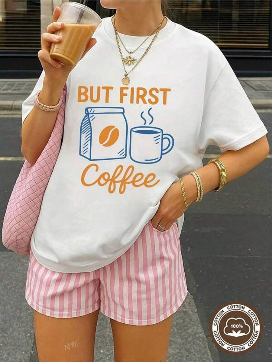 Talla grande - Talla grande - PERO PRIMERO Camiseta de café - Blanco Parte superior casual de manga corta con estampado de taza de café y granos, camiseta con eslogan F_0096 Cómoda y vibrante, camiseta con diseño retro, adecu para mujer
