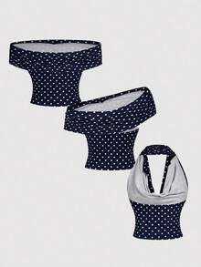 Blusa elegante de mujer con lunares y malla versátil, ideal para vacaciones de verano - Azul marino - Ver 2