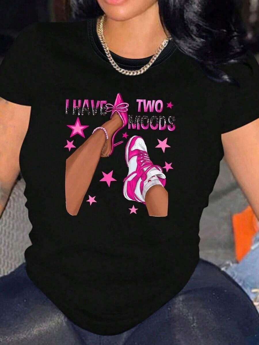 Tops para mujer de algodón para mujer 'I Have Two Moods' de manga corta y cuello redondo, top casual y lindo de alta elasticidad para fiestas. - Negro - Ver 1