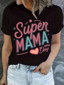 Elegante Camiseta Estampada de Moda para Mujer para Todas las Temporadas, con un estampado en contraste rosa y azul con un tema de amor maternal, suave y cómoda, lavable a máquina, perfecta para un atuendo único para el Día de la Madre. - Negro - Ver 1