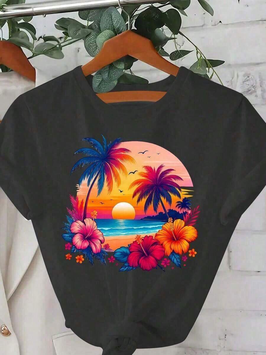 1 pieza de camiseta de talla grande para mujer con estampado tropical hawaiano, corte ajustado, cuello redondo, diseño vibrante de hibisco, palmera y sol de playa - Ropa de playa transpirable para verano, para fitness, vacaciones y uso casual - Camiseta blanca lavable a máquina, camisetas gráficas para mujer, camiseta de verano, camiseta casual, conjuntos de vacaciones para mujer, camiseta gráfica de diseño juvenil y a la moda, camisetas gráficas para mujer, camiseta de verano, camiseta casual, conjuntos de vacaciones para mujer, diseño juvenil y a la moda, 180 g, 100% algodón, todos los patrones están impresos. Unisexo. - Negro - Ver 1