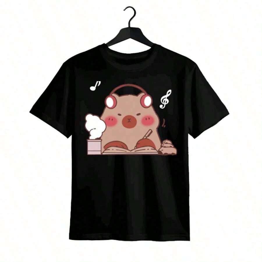 Tops para mujer Casual de Algodón de Manga Corta para Mujer con Estampado de Oso, Cuello Redondo, Largo Regular, Linda y Cómoda para Uso Diario - Negro - Ver 1