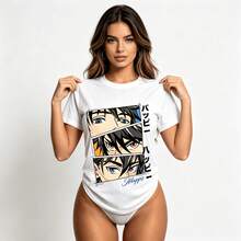 Tops para mujerEsta Chaqueta holgada de estilo anime perfecta para mujeres jóvenes. Presenta un estampado de ojos en patchwork y eslóganes japoneses, y una Chaqueta cómoda de manga corta. adecuado para fiestas de anime, escapadas de fin de semana, estilo urbano y uso casual diario. - Blanco - Ver 1