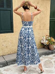 Vestido de tirantes con estampado todo sobre casual de vacaciones para mujer, verano - Azul - Ver 2
