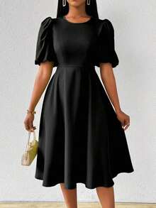 Vestido verde de manga abullonada larga, cuello en V, cintura recogida y bajo acampanado, para primavera y verano - Negro - Ver 7