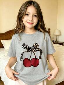 Graphic T-Shirt For Kids, Girls' Clothing, Boys' Clothing, Cherry With Leopard Print Bow, Suitable For Everyday Wear, Street Style, Outings, Home, Holidays, Back To School, Spring And Summer - 灰色 - 查看 1
