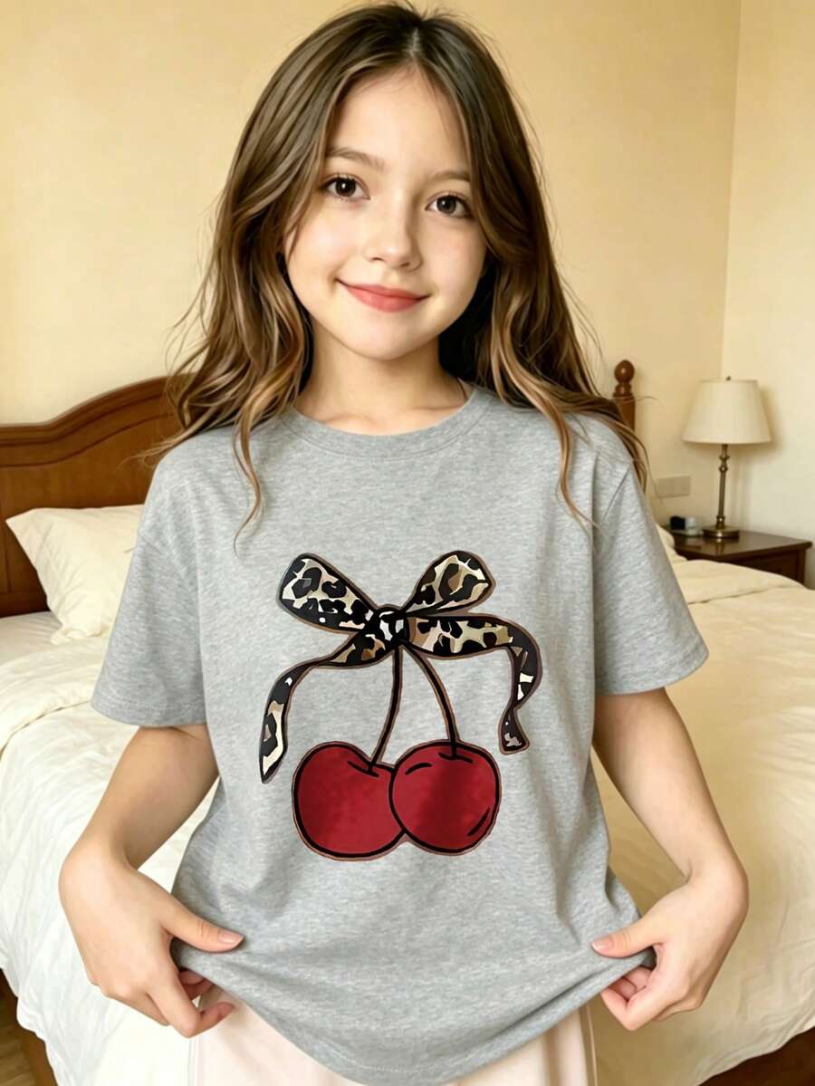 Graphic T-Shirt For Kids, Girls' Clothing, Boys' Clothing, Cherry With Leopard Print Bow, Suitable For Everyday Wear, Street Style, Outings, Home, Holidays, Back To School, Spring And Summer - 灰色 - 查看 1