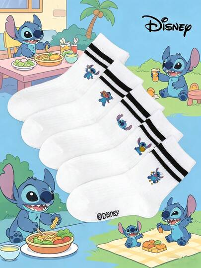 Disney 1/5双迪士尼史迪奇卡通人物儿童短袜，透气吸汗速干防滑舒适休闲中筒袜，可爱黑白条纹撞色图案，适合儿童、学生日常穿着，返校季、派对、复活节、生日礼物