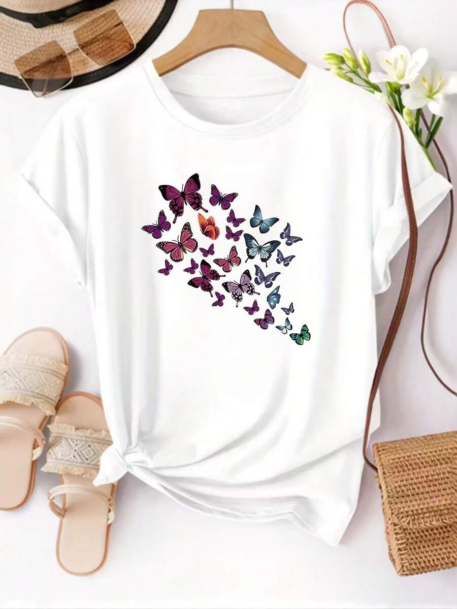 Women's T-Shirt, Casual Short-Sleeved Round Neck T-Shirt, Colorful Butterfly Print T-Shirt - Perfect Choice For Spring And Summer. - White - View 1