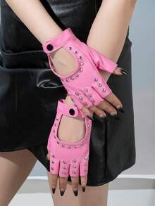 1 par de guantes de medio dedo de estilo punk unisex de unicolor con correa de remache de PU, adecuados para ciclismo al aire libre, deportes, actuaciones de baile callejero - Multicolor - Ver 12