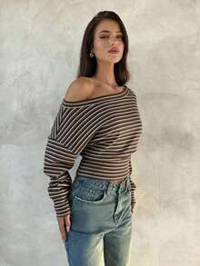 Top de manga larga asimétrico de hombro de punto de color albaricoque para mujer, otoño/invierno - Multicolor - Ver 4