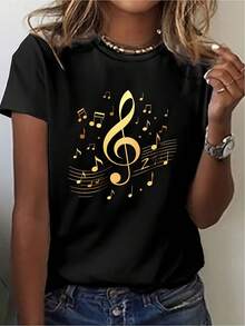 Camiseta musical para mujer con clave de sol dor ímbolos musicales - Top casual de manga corta compatible con blusa, adecuado para atuendos de primavera y verano, lavable a máquinara conciertos, eventos de coro, vestimenta casual - Negro - Ver 2