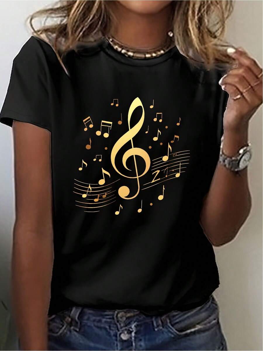 Camiseta musical para mujer con clave de sol dor ímbolos musicales - Top casual de manga corta compatible con blusa, adecuado para atuendos de primavera y verano, lavable a máquinara conciertos, eventos de coro, vestimenta casual