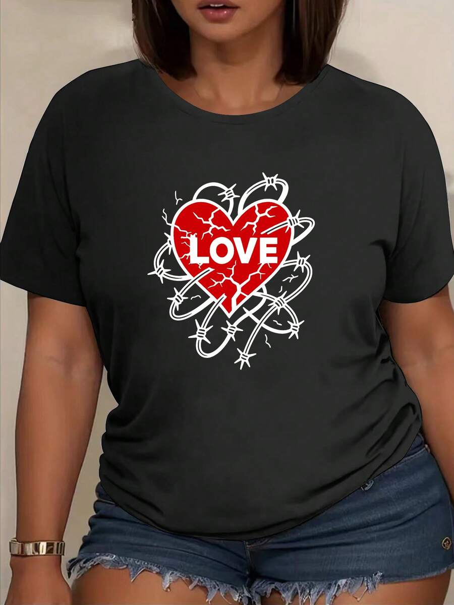 Camiseta de manga corta para mujer con estampado "Chain Heart LOVE", hecha de fibra de poliéster suave y transpirable, elasticidad media, lavable a máquina, camiseta casual de manga corta con cuello redondo y estampado, una prenda imprescindible para primavera y verano, top de manga corta, ropa de mujer. - Negro - Ver 1