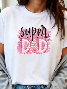 'Super Dad' Print T-Shirt, Short Sleeve, Round Neck, Women's Clothing, Cute Cartoon Design, Modern And Personalized, Father's Day Gift, Family Outfit, Urban Style, Casual And Versatile, Special Father's Day Gift, Comfortable And Breathable Fabric, Suitable - 白色 - 查看 8