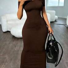 Solva Women's Solid Color Off-Shoulder Short Sleeve Fitted Elegant Dress - Café - Ver 5